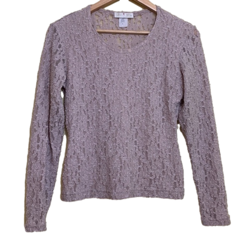 Glu-Glu || Tan Nude Embroidered Floral Lace Sheer Long Sleeve Stretch Top M